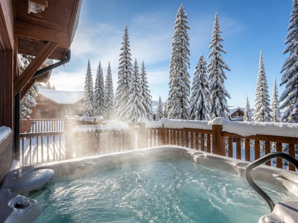 Steaming hot tub on a snowy chalet deck in daylight